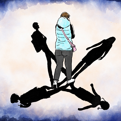Comic von Person mit 4 verschiedenen Schatten